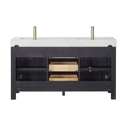 Vinnova, León 60in. Free-standing Double Bathroom Vanity in Fir Wood Black with Composite top in Lightning White and Mirror