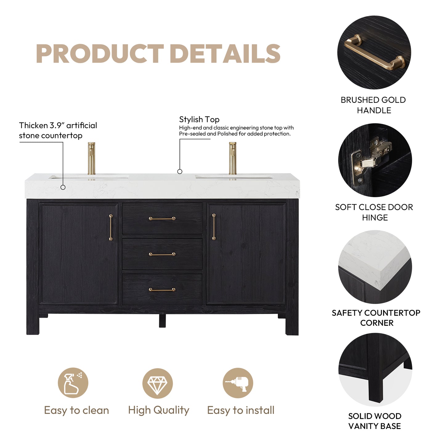Vinnova, León 60in. Free-standing Double Bathroom Vanity in Fir Wood Black with Composite top in Lightning White and Mirror