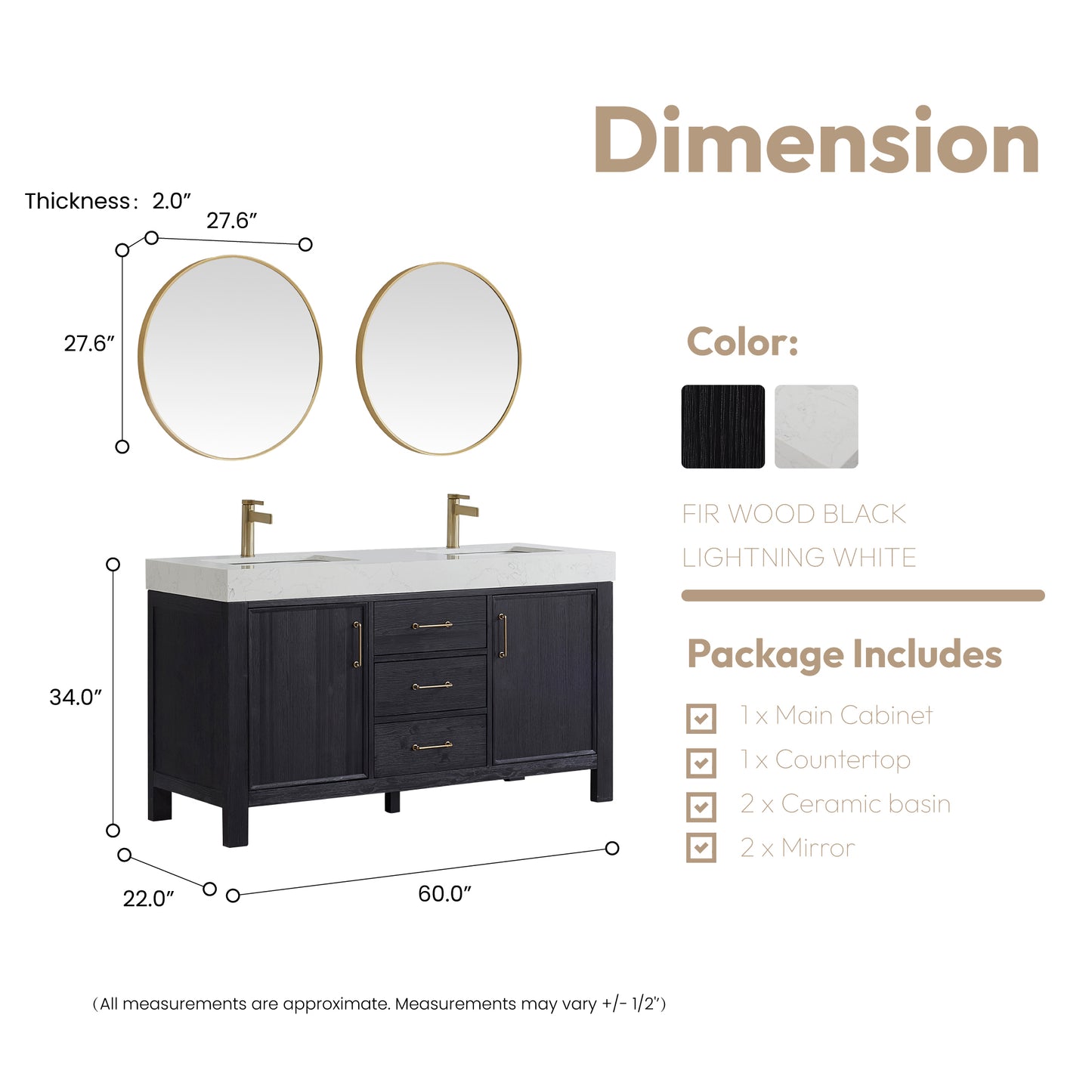 Vinnova, León 60in. Free-standing Double Bathroom Vanity in Fir Wood Black with Composite top in Lightning White and Mirror