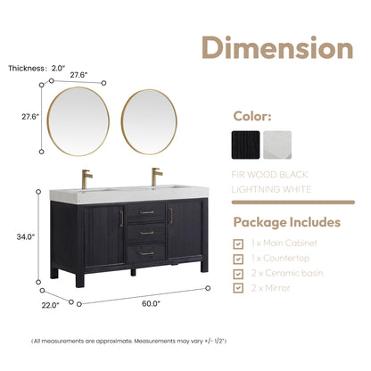 Vinnova, León 60in. Free-standing Double Bathroom Vanity in Fir Wood Black with Composite top in Lightning White and Mirror