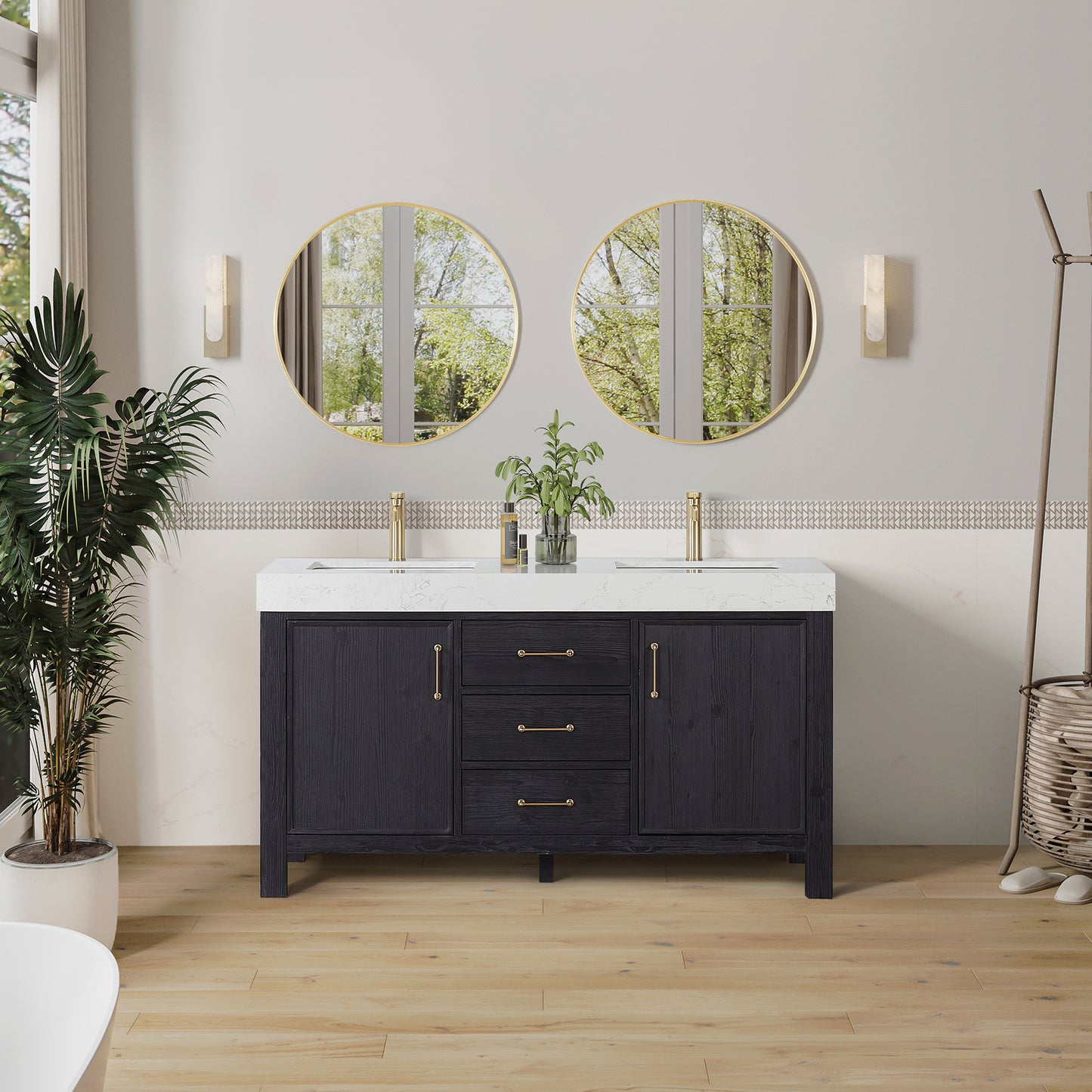 Vinnova, León 60in. Free-standing Double Bathroom Vanity in Fir Wood Black with Composite top in Lightning White and Mirror