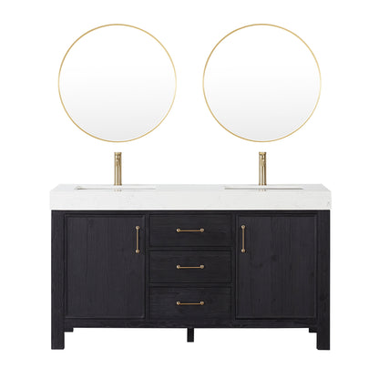 Vinnova, León 60in. Free-standing Double Bathroom Vanity in Fir Wood Black with Composite top in Lightning White and Mirror