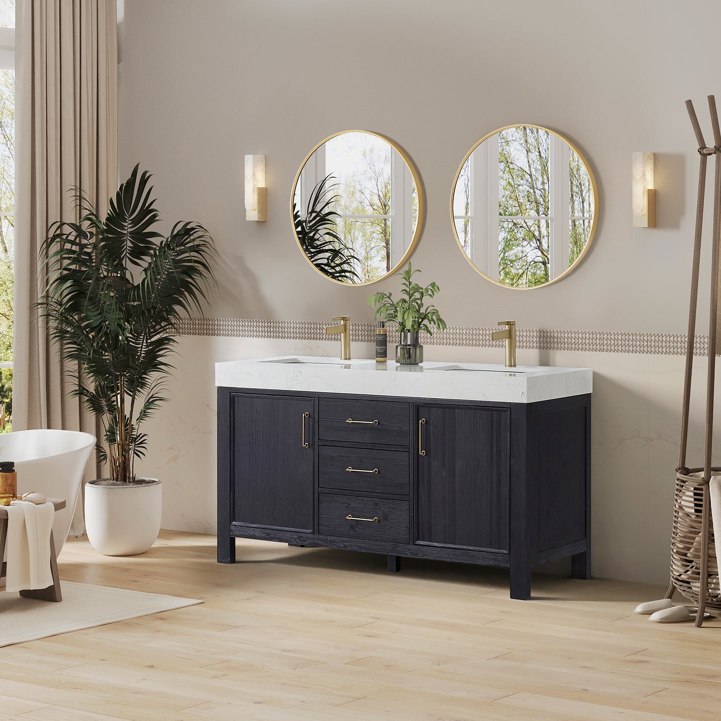 Vinnova, León 60in. Free-standing Double Bathroom Vanity in Fir Wood Black with Composite top in Lightning White and Mirror
