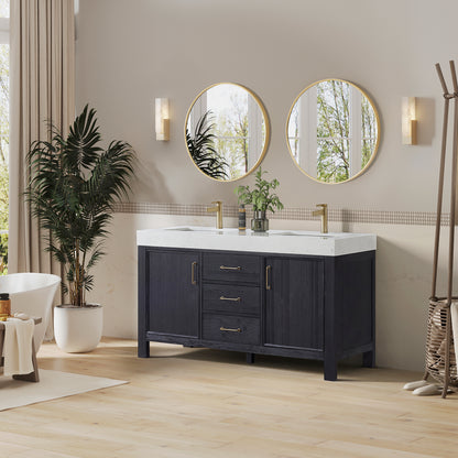Vinnova, León 60in. Free-standing Double Bathroom Vanity in Fir Wood Black with Composite top in Lightning White and Mirror