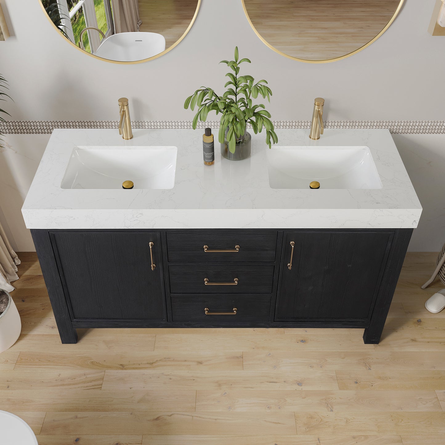 Vinnova, León 60in. Free-standing Double Bathroom Vanity in Fir Wood Black with Composite top in Lightning White and Mirror
