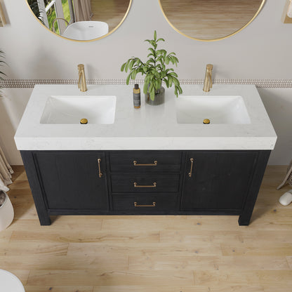 Vinnova, León 60in. Free-standing Double Bathroom Vanity in Fir Wood Black with Composite top in Lightning White and Mirror