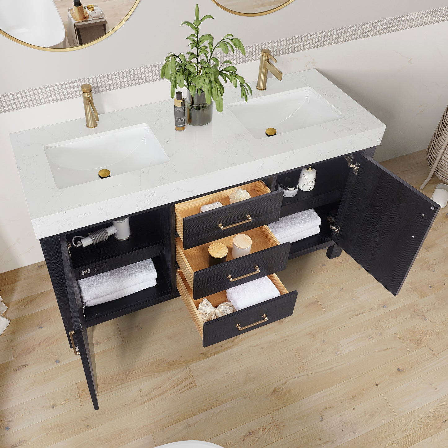 Vinnova, León 60in. Free-standing Double Bathroom Vanity in Fir Wood Black with Composite top in Lightning White and Mirror