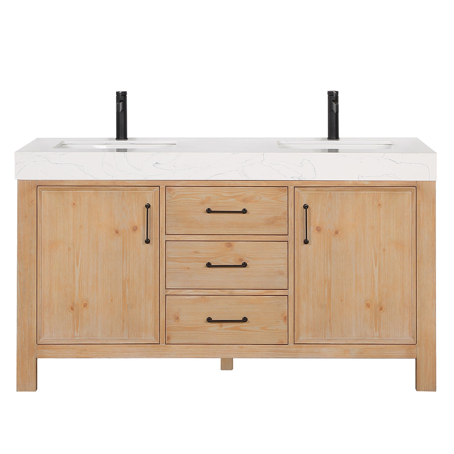 Vinnova, León 60in. Free-standing Double Bathroom Vanity in Fir Wood Brown with Composite top in Lightning White