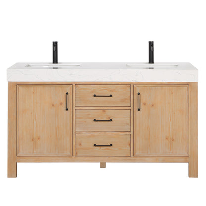 Vinnova, León 60in. Free-standing Double Bathroom Vanity in Fir Wood Brown with Composite top in Lightning White