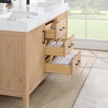 Vinnova, León 60in. Free-standing Double Bathroom Vanity in Fir Wood Brown with Composite top in Lightning White