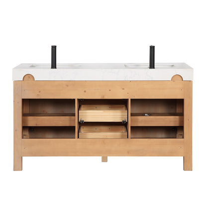 Vinnova, León 60in. Free-standing Double Bathroom Vanity in Fir Wood Brown with Composite top in Lightning White