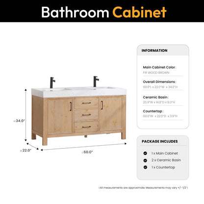 Vinnova, León 60in. Free-standing Double Bathroom Vanity in Fir Wood Brown with Composite top in Lightning White