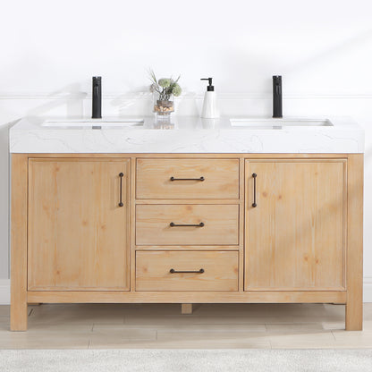 Vinnova, León 60in. Free-standing Double Bathroom Vanity in Fir Wood Brown with Composite top in Lightning White