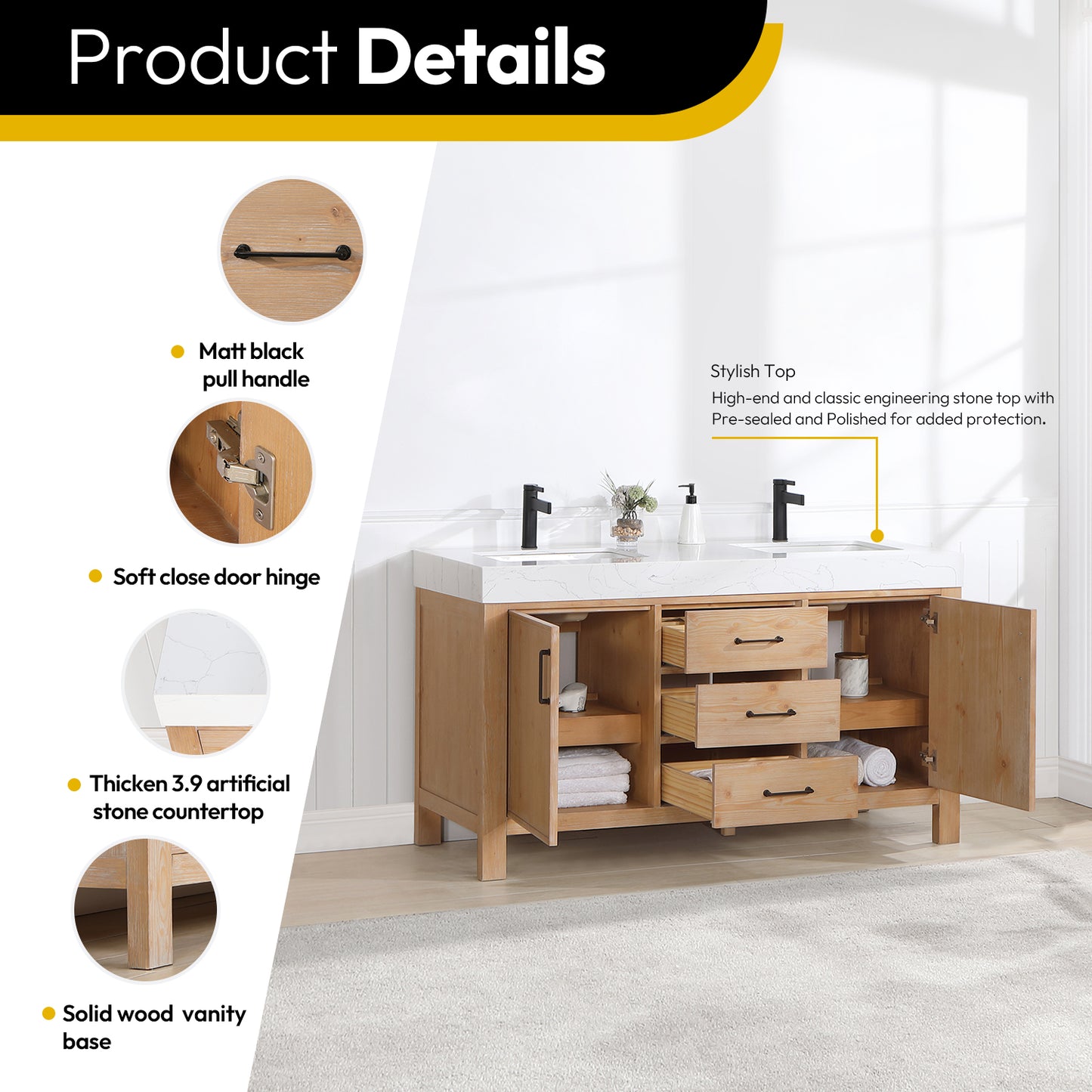 Vinnova, León 60in. Free-standing Double Bathroom Vanity in Fir Wood Brown with Composite top in Lightning White