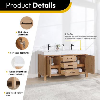 Vinnova, León 60in. Free-standing Double Bathroom Vanity in Fir Wood Brown with Composite top in Lightning White