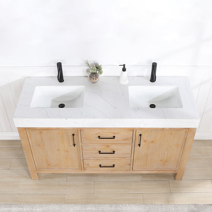 Vinnova, León 60in. Free-standing Double Bathroom Vanity in Fir Wood Brown with Composite top in Lightning White