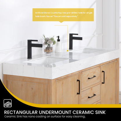 Vinnova, León 60in. Free-standing Double Bathroom Vanity in Fir Wood Brown with Composite top in Lightning White