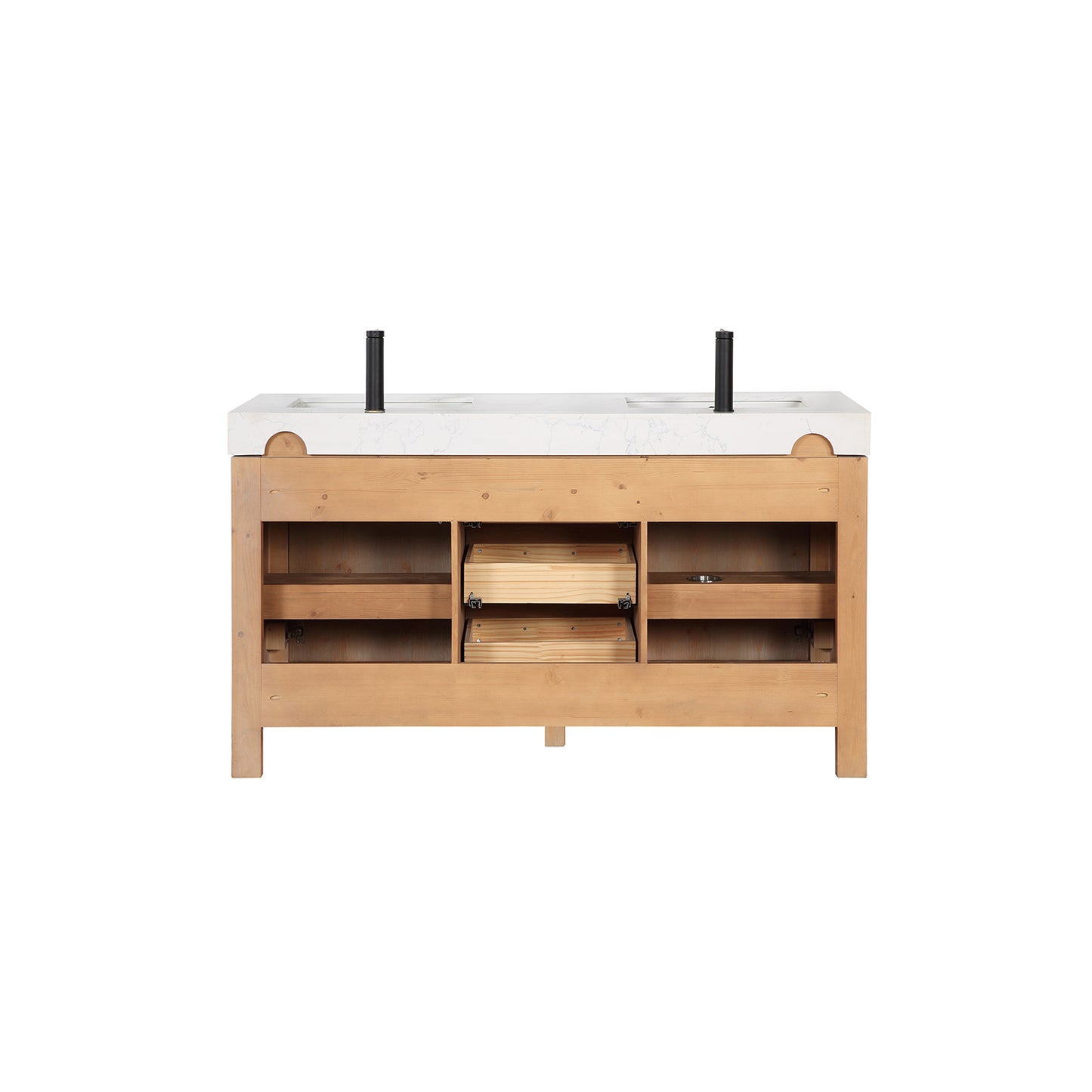 Vinnova, León 60in. Free-standing Double Bathroom Vanity in Fir Wood Brown with Composite top in Lightning White and Mirror