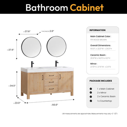 Vinnova, León 60in. Free-standing Double Bathroom Vanity in Fir Wood Brown with Composite top in Lightning White and Mirror