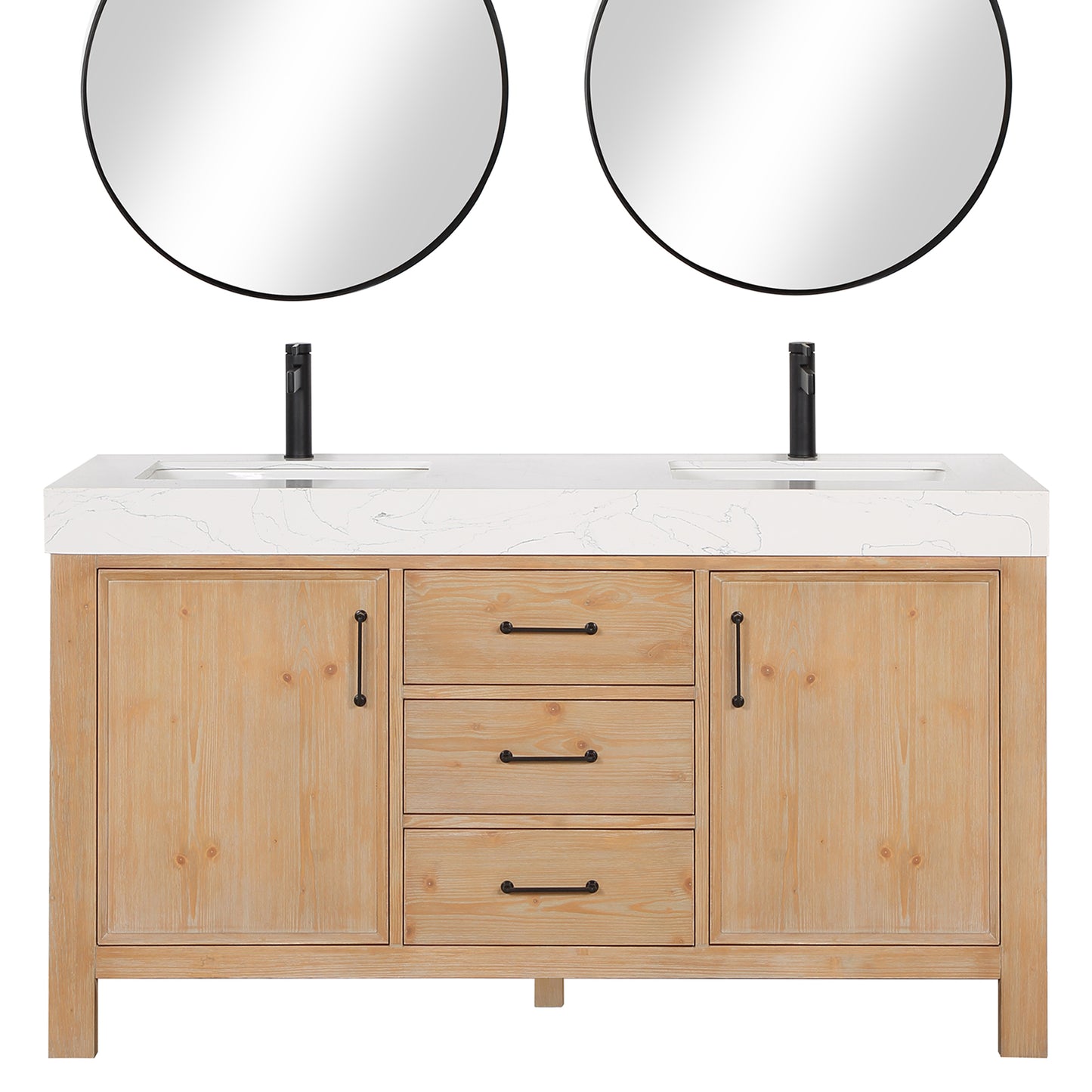 Vinnova, León 60in. Free-standing Double Bathroom Vanity in Fir Wood Brown with Composite top in Lightning White and Mirror