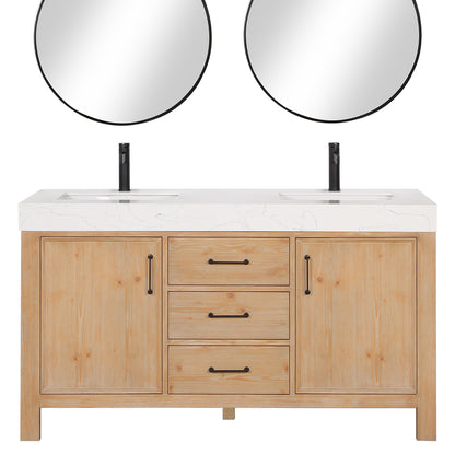 Vinnova, León 60in. Free-standing Double Bathroom Vanity in Fir Wood Brown with Composite top in Lightning White and Mirror