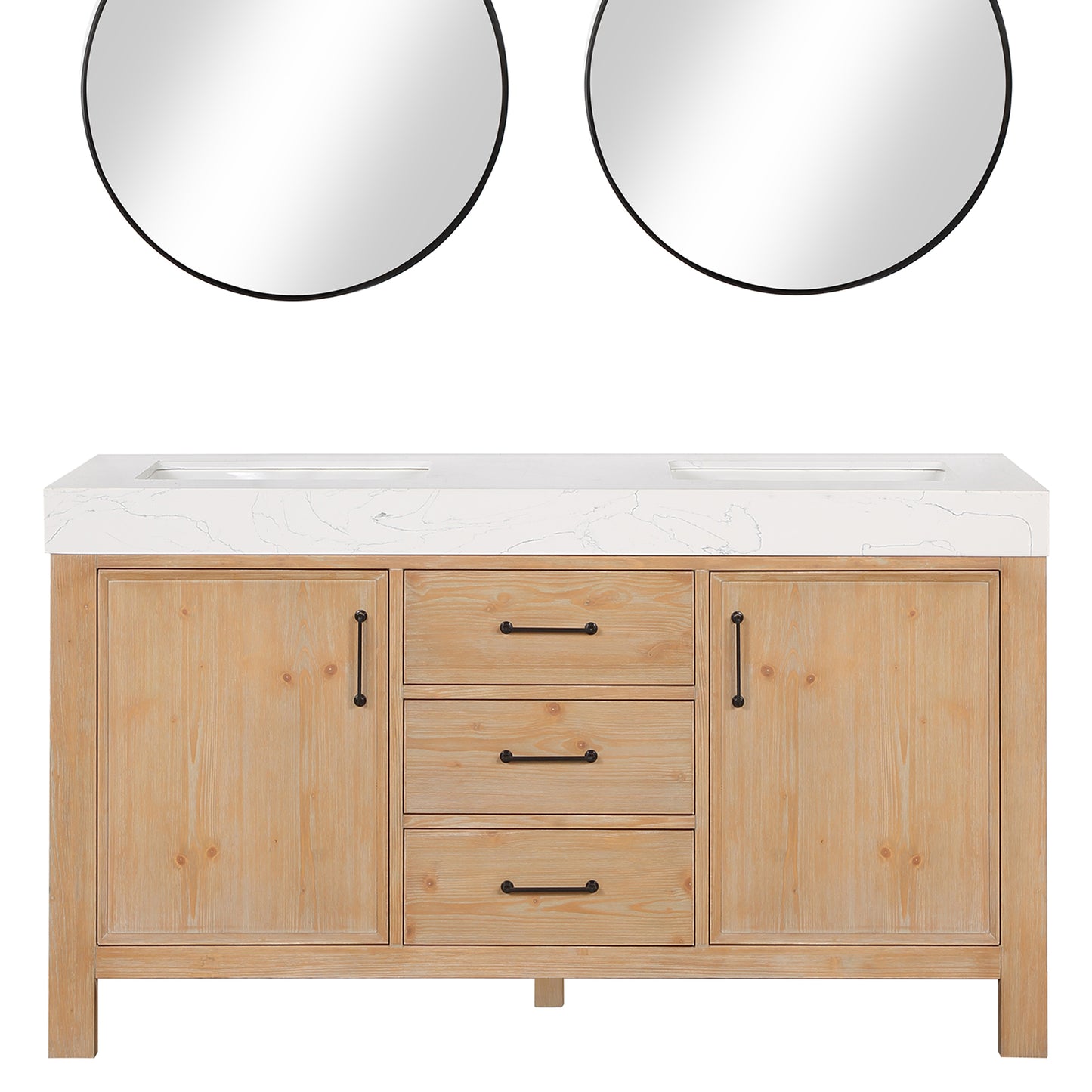 Vinnova, León 60in. Free-standing Double Bathroom Vanity in Fir Wood Brown with Composite top in Lightning White and Mirror