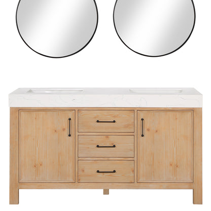 Vinnova, León 60in. Free-standing Double Bathroom Vanity in Fir Wood Brown with Composite top in Lightning White and Mirror