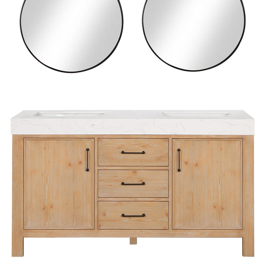Vinnova, León 60in. Free-standing Double Bathroom Vanity in Fir Wood Brown with Composite top in Lightning White and Mirror