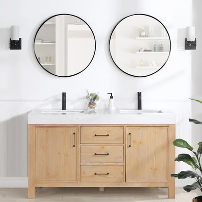 Vinnova, León 60in. Free-standing Double Bathroom Vanity in Fir Wood Brown with Composite top in Lightning White and Mirror