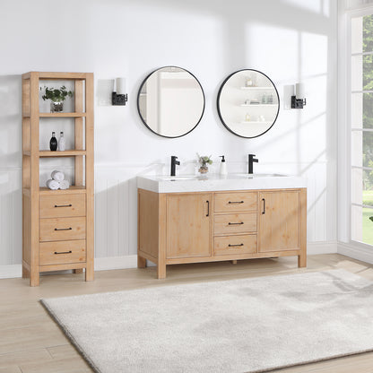 Vinnova, León 60in. Free-standing Double Bathroom Vanity in Fir Wood Brown with Composite top in Lightning White and Mirror