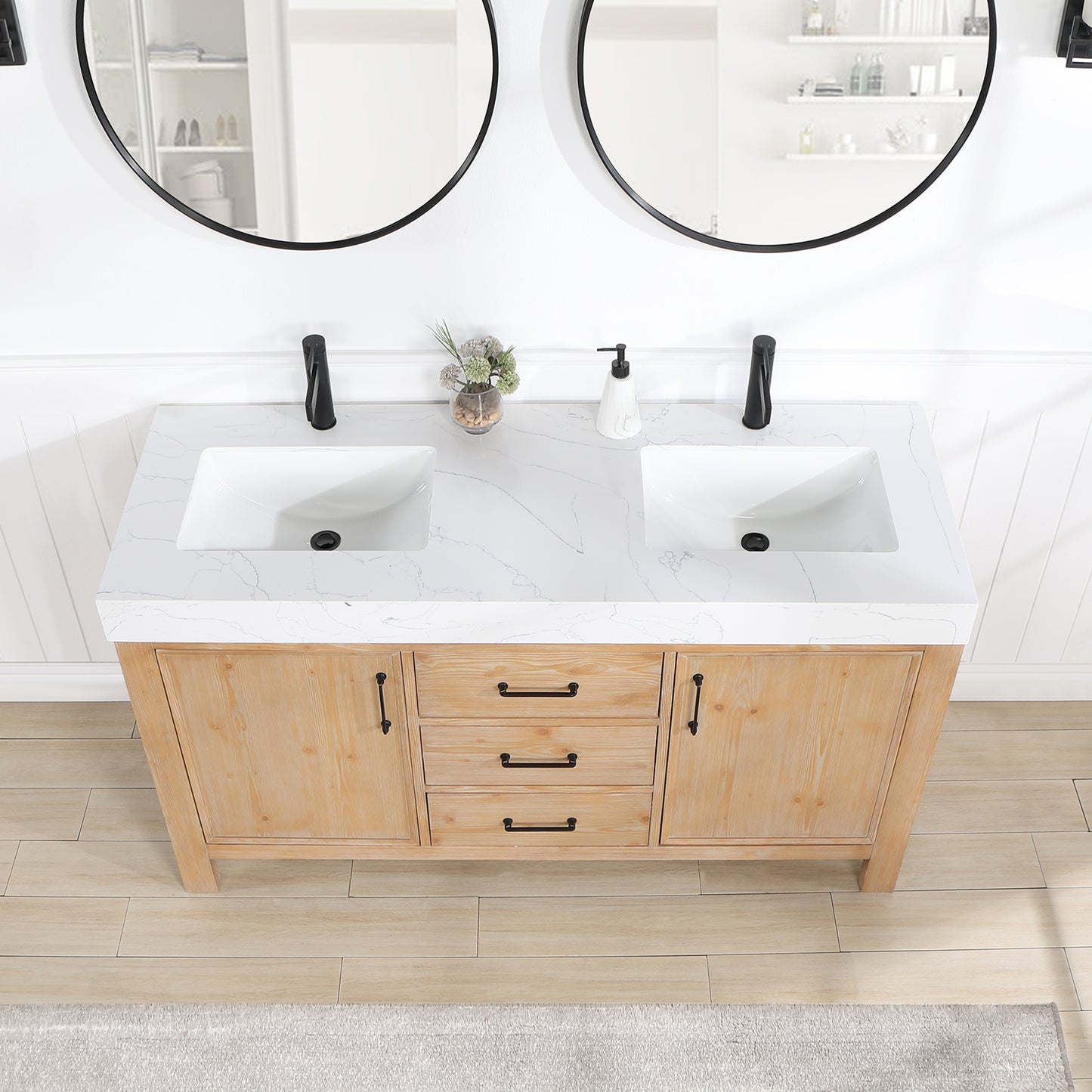 Vinnova, León 60in. Free-standing Double Bathroom Vanity in Fir Wood Brown with Composite top in Lightning White and Mirror