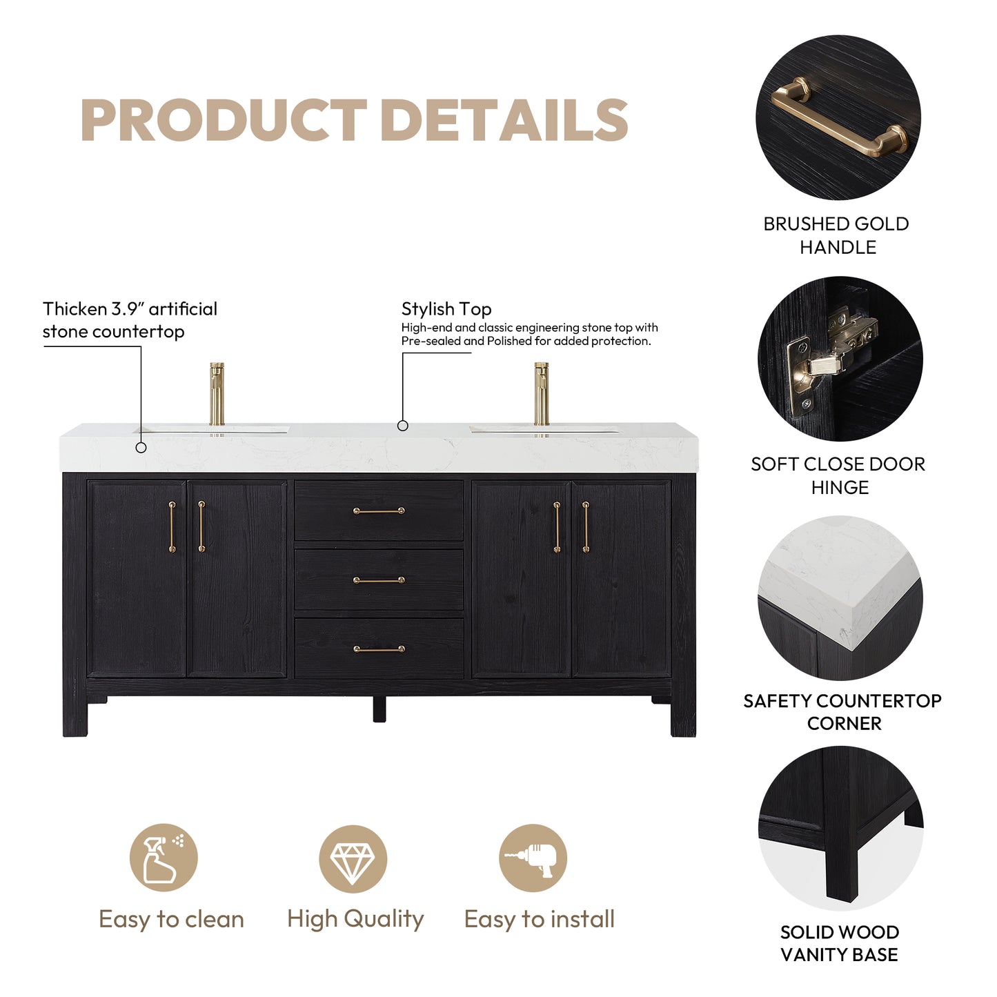 Vinnova, León 72in. Free-standing Double Bathroom Vanity in Fir Wood Black with Composite top in Lightning White
