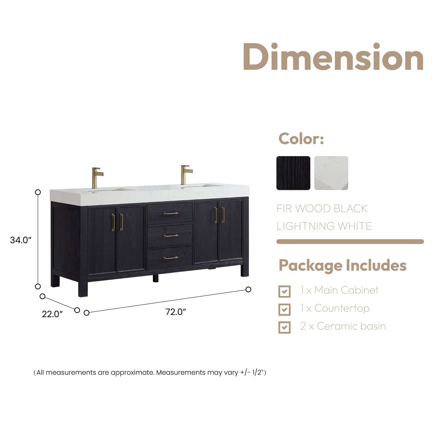 Vinnova, León 72in. Free-standing Double Bathroom Vanity in Fir Wood Black with Composite top in Lightning White