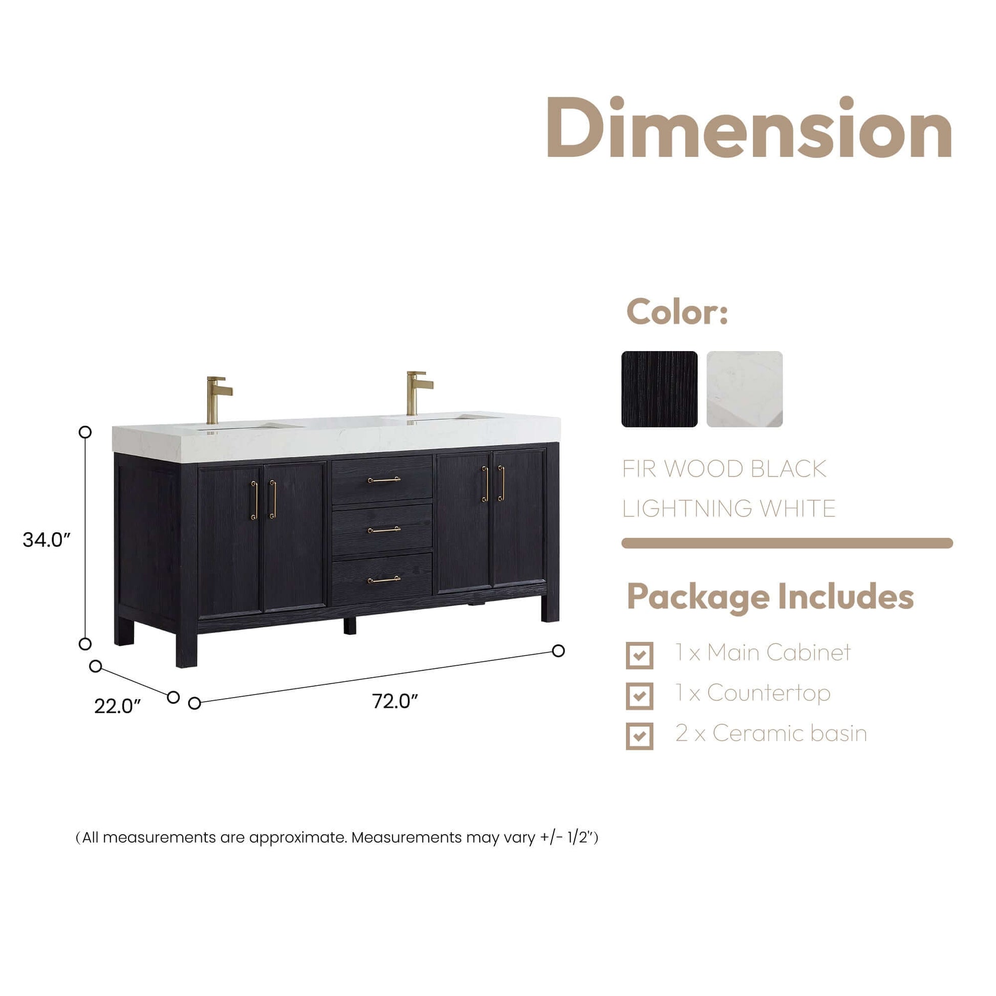 Vinnova, León 72in. Free-standing Double Bathroom Vanity in Fir Wood Black with Composite top in Lightning White