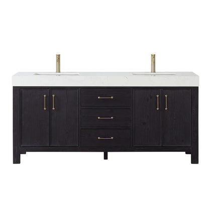 Vinnova, León 72in. Free-standing Double Bathroom Vanity in Fir Wood Black with Composite top in Lightning White