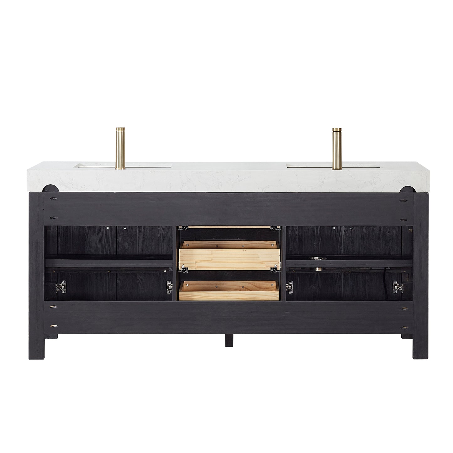 Vinnova, León 72in. Free-standing Double Bathroom Vanity in Fir Wood Black with Composite top in Lightning White and Mirror