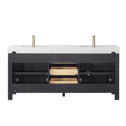 Vinnova, León 72in. Free-standing Double Bathroom Vanity in Fir Wood Black with Composite top in Lightning White and Mirror