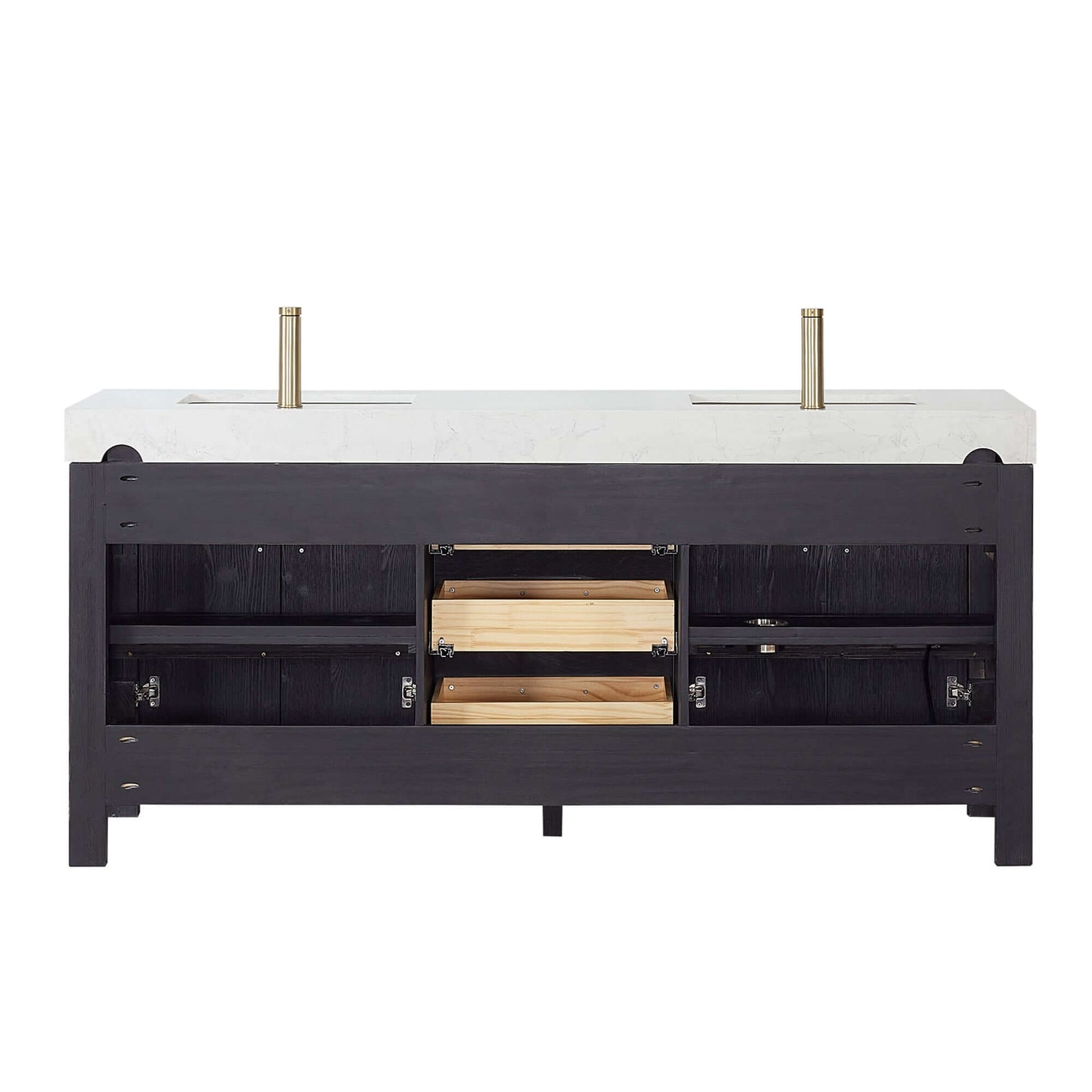 Vinnova, León 72in. Free-standing Double Bathroom Vanity in Fir Wood Black with Composite top in Lightning White and Mirror