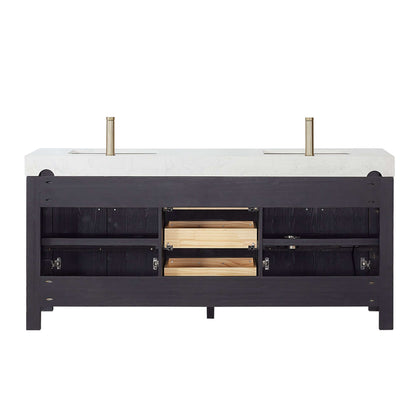 Vinnova, León 72in. Free-standing Double Bathroom Vanity in Fir Wood Black with Composite top in Lightning White and Mirror