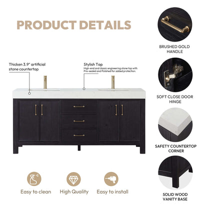 Vinnova, León 72in. Free-standing Double Bathroom Vanity in Fir Wood Black with Composite top in Lightning White and Mirror details