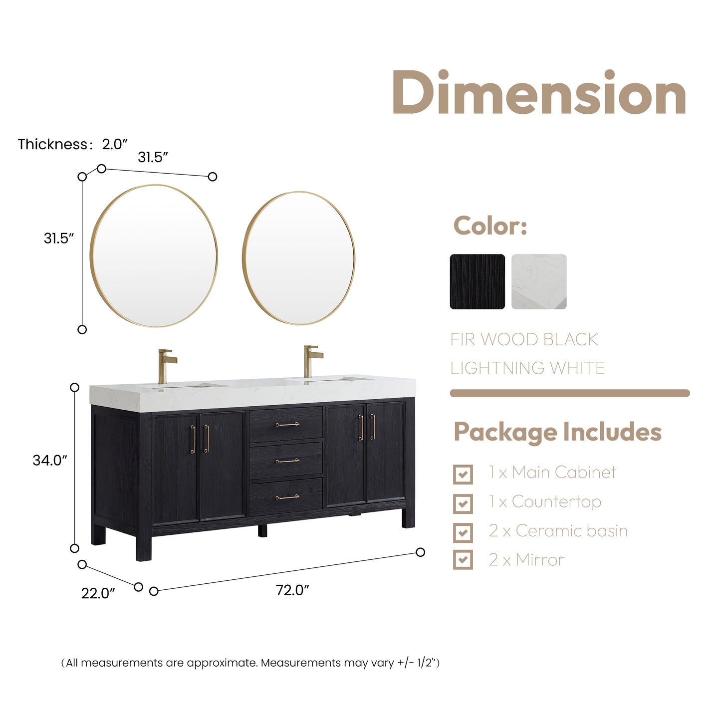 Vinnova, León 72in. Free-standing Double Bathroom Vanity in Fir Wood Black with Composite top in Lightning White and Mirror