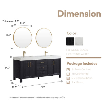 Vinnova, León 72in. Free-standing Double Bathroom Vanity in Fir Wood Black with Composite top in Lightning White and Mirror