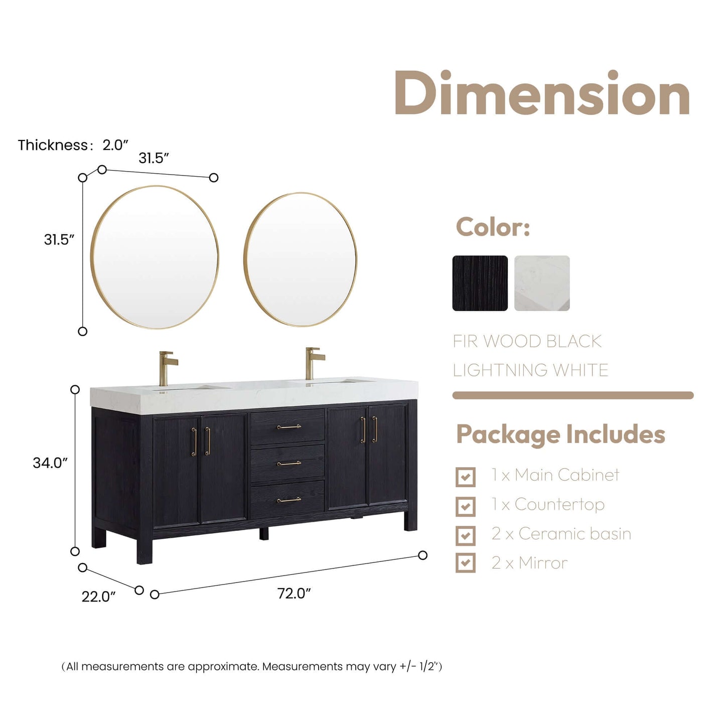 Vinnova, León 72in. Free-standing Double Bathroom Vanity in Fir Wood Black with Composite top in Lightning White and Mirror dimensions