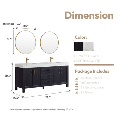 Vinnova, León 72in. Free-standing Double Bathroom Vanity in Fir Wood Black with Composite top in Lightning White and Mirror dimensions