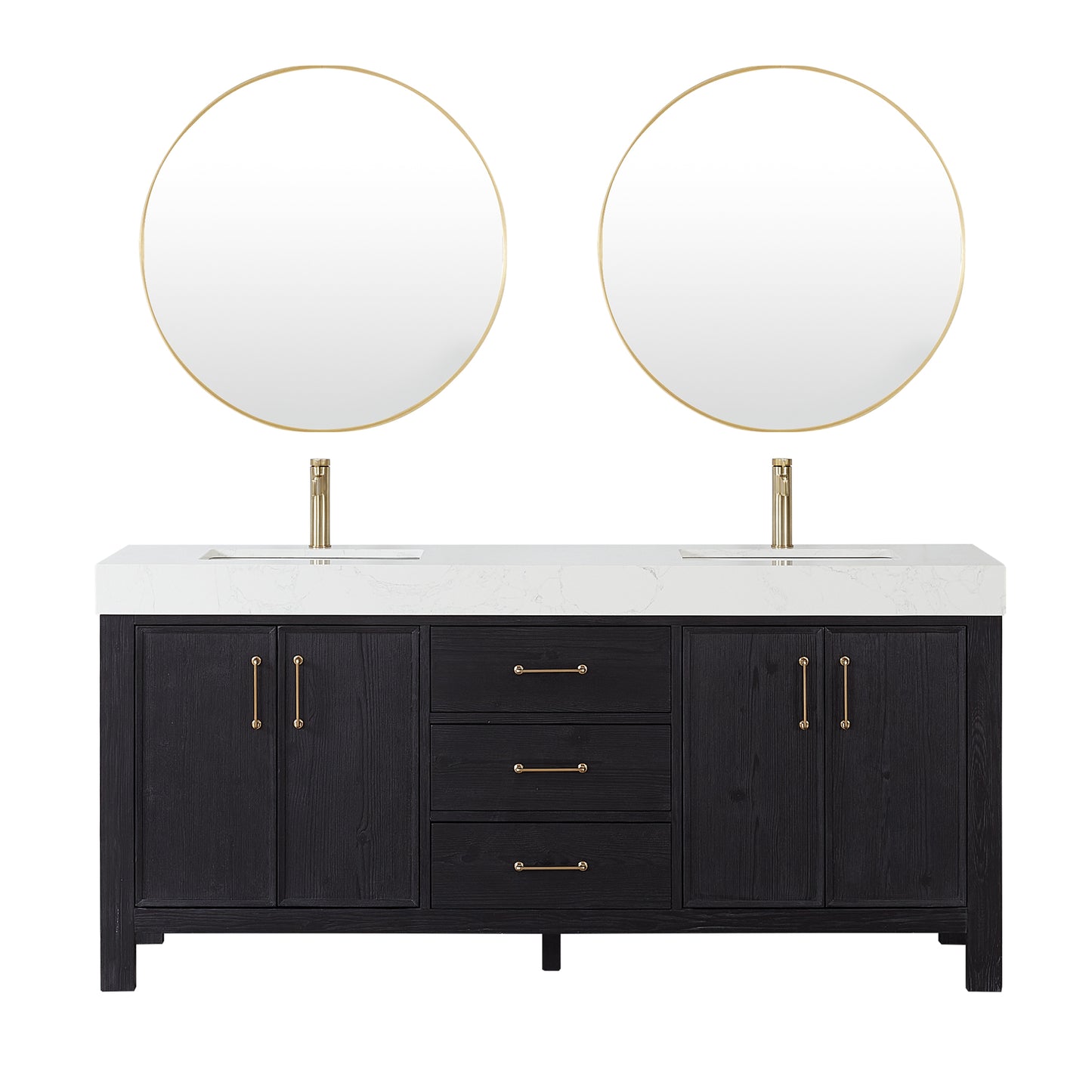 Vinnova, León 72in. Free-standing Double Bathroom Vanity in Fir Wood Black with Composite top in Lightning White and Mirror