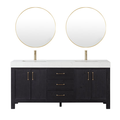 Vinnova, León 72in. Free-standing Double Bathroom Vanity in Fir Wood Black with Composite top in Lightning White and Mirror
