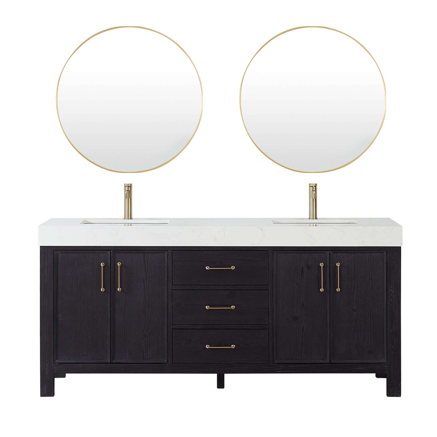 Vinnova, León 72in. Free-standing Double Bathroom Vanity in Fir Wood Black with Composite top in Lightning White and Mirror