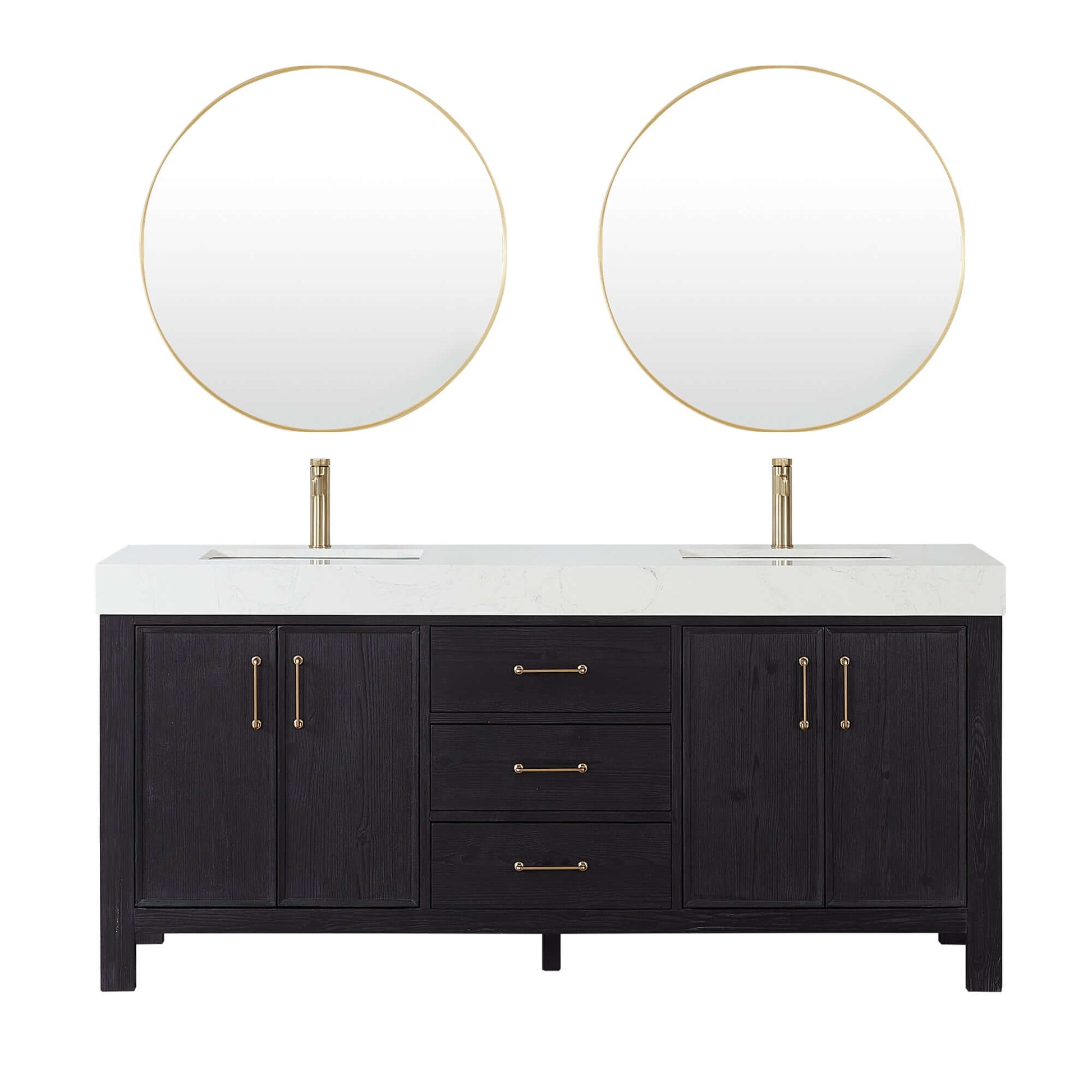 Vinnova, León 72in. Free-standing Double Bathroom Vanity in Fir Wood Black with Composite top in Lightning White and Mirror