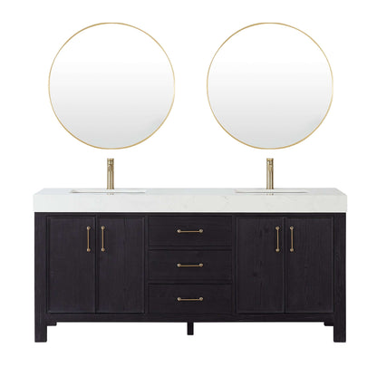 Vinnova, León 72in. Free-standing Double Bathroom Vanity in Fir Wood Black with Composite top in Lightning White and Mirror