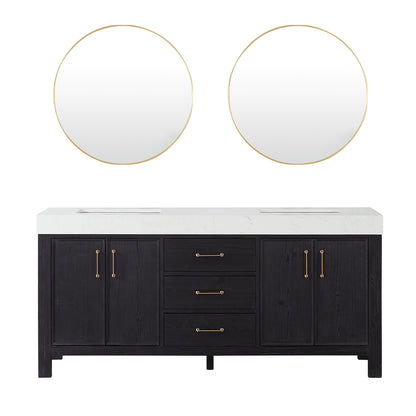 Vinnova, León 72in. Free-standing Double Bathroom Vanity in Fir Wood Black with Composite top in Lightning White and Mirror